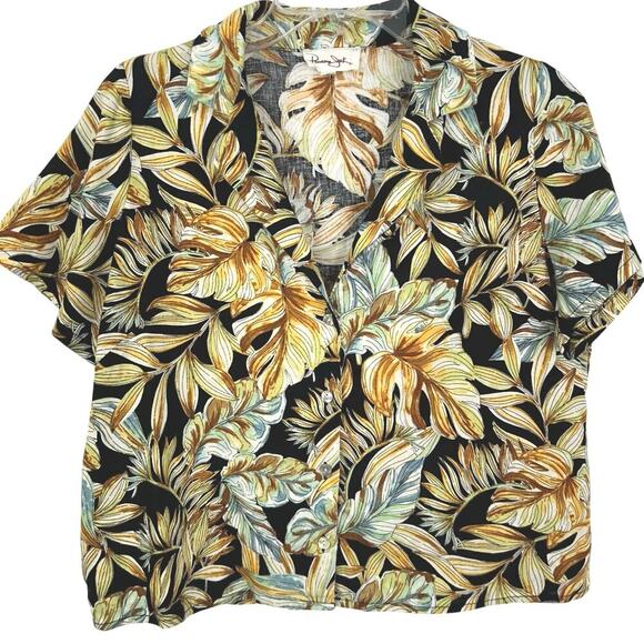 Panama Jack Women Short Sleeve Top Blouse Button Black Tropical Beach Size Small - Picture 1 of 6